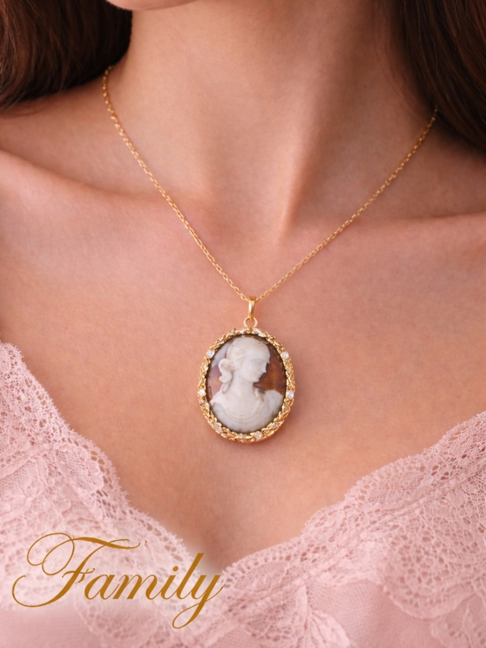 Gold Cameo Pendant Necklace in Pink - Family